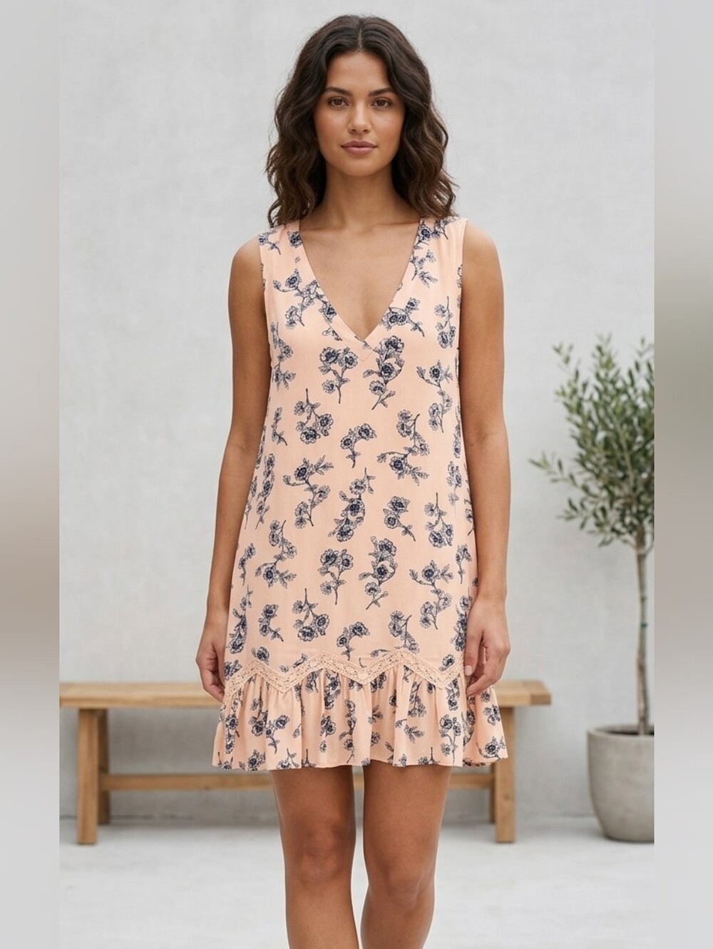 Blu Pepper Peach and Navy Floral Dress Med Cottagecore, Femine, Romantic